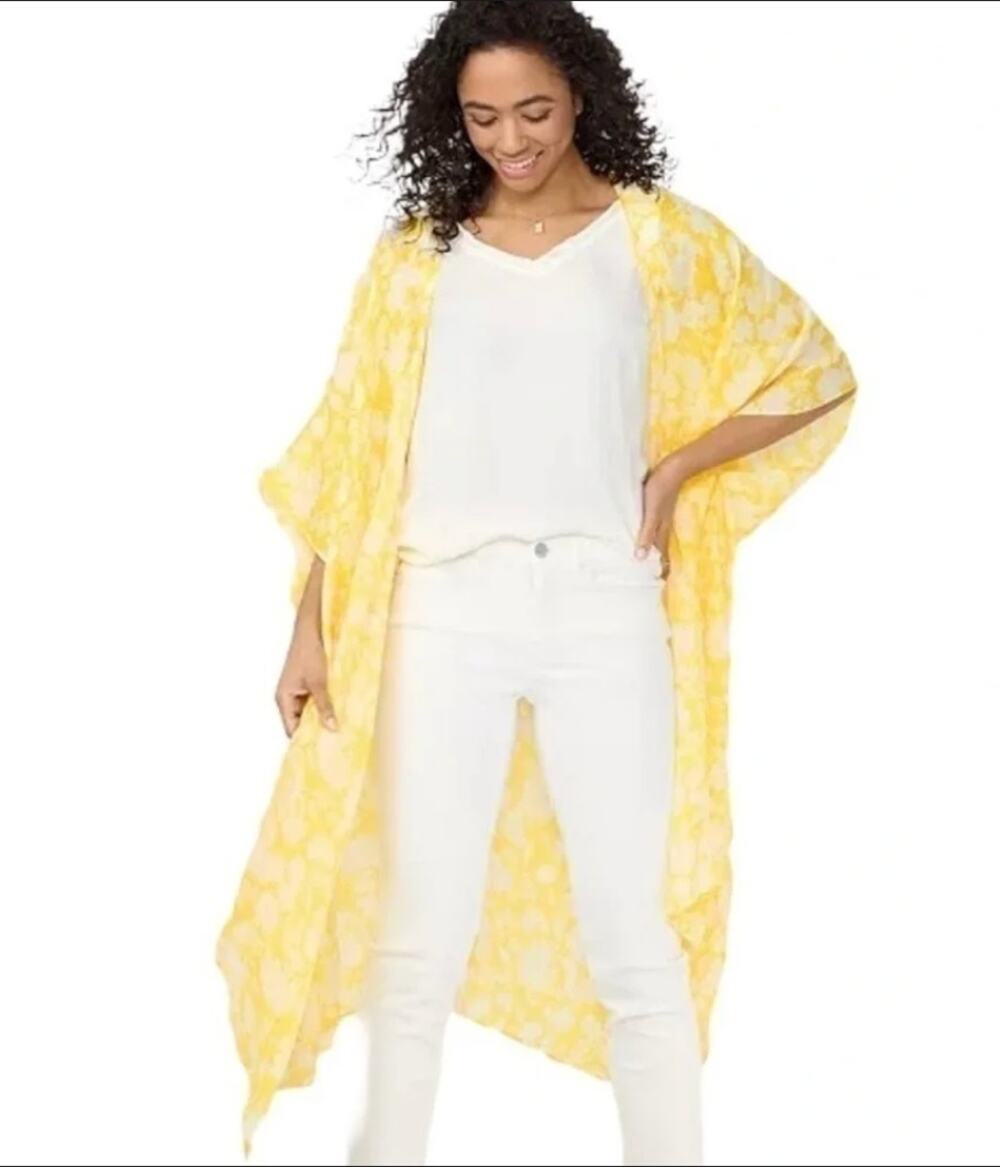 One Size lauren conrad yellow white floral lightweight duster open kimono